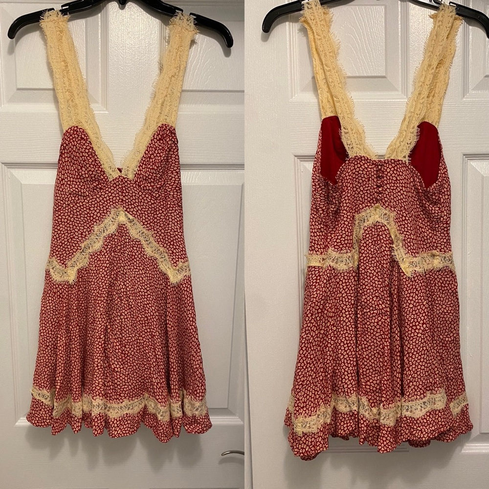 Red + lace floral dress